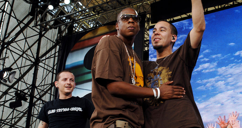 L-R: Chester Bennington, Jay-Z and Mike Shinoda at Live 8 in Philadelphia, 2005